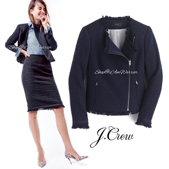 J.Crew NWT navy blue asymmetrical zip cotton fringe jacket *shop@iamwarrior - Picture 1 of 11
